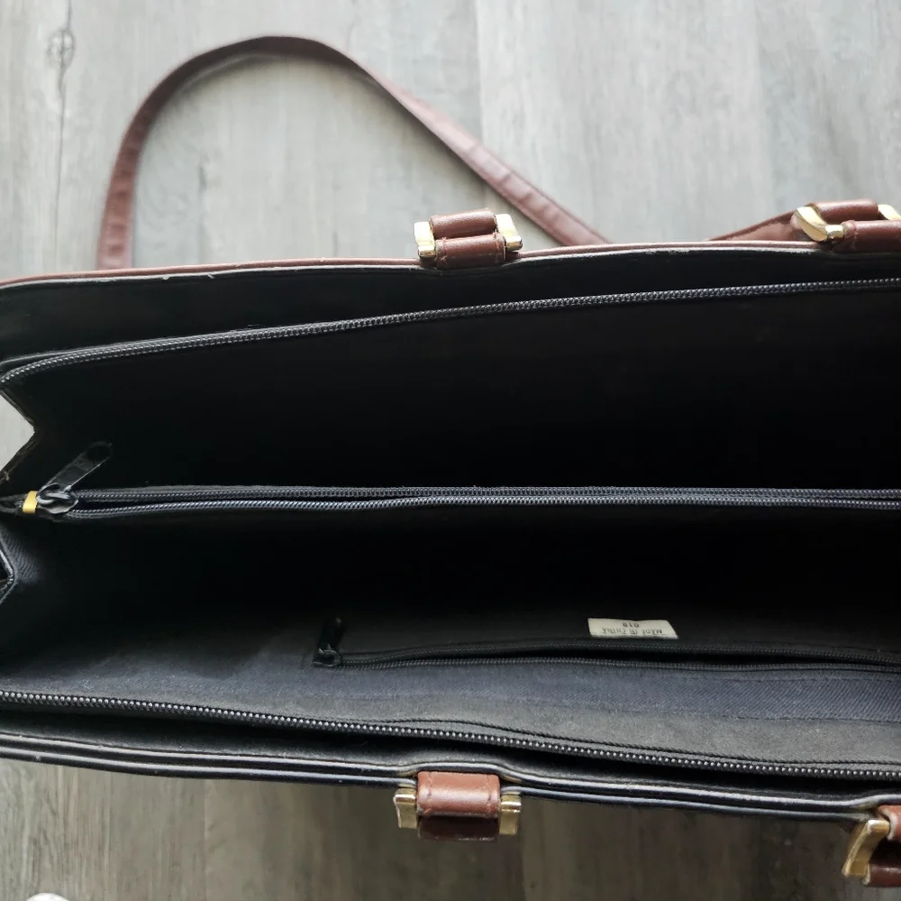 Vintage 1970s Brown Black Leather Briefcase Craftmanship Some Wear Gold Shield